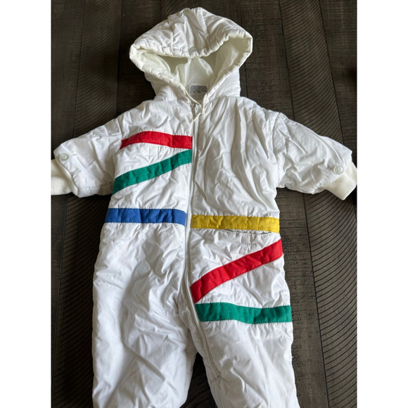 Vintage 80s Baby Snowsuit Rainbow Stripes White One Piece Hooded 12 Mo - Picture 1 of 6